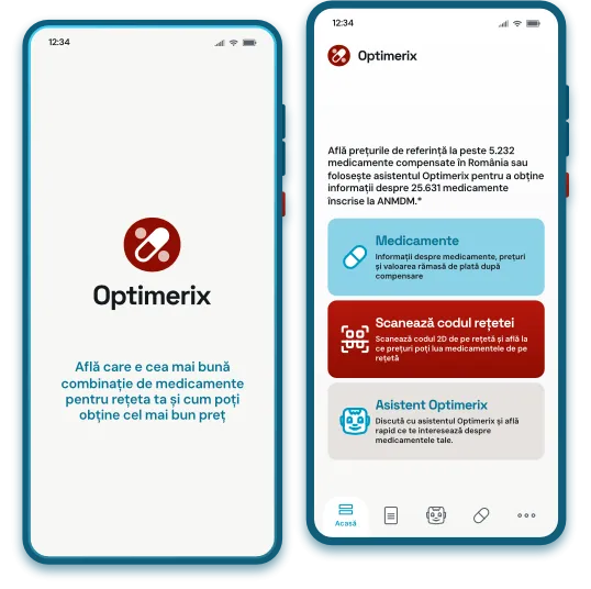 Ecranul aplicației Optimerix pe un telefon mobil, afișând compararea prețurilor la medicamente